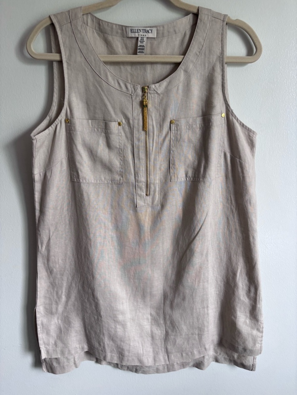 Ellen Tracy Light Cream 100% Linen Zip-Front Sleeveless tank M